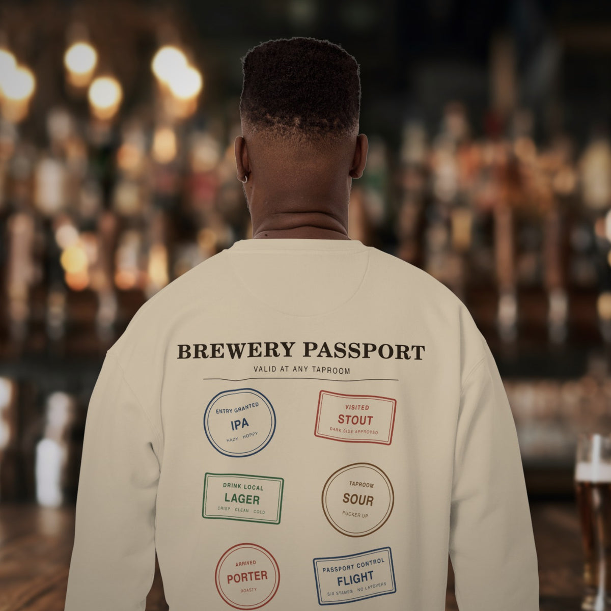 Back of the Brewery Passport Crewneck Sweatshirt in Bone at the bar