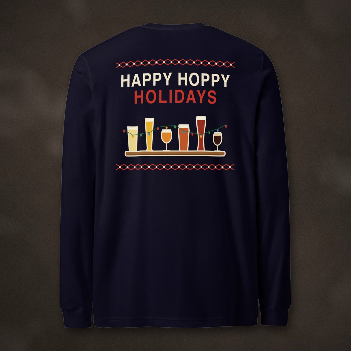 Back of the navy Christmas Flight long sleeve with the Happy Hoppy Holidays beer flight design on dark slate