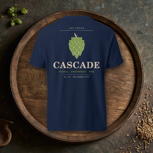 Back of the Hop Series Cascade T-Shirt in True Navy with a green hop cone on an oak barrel top