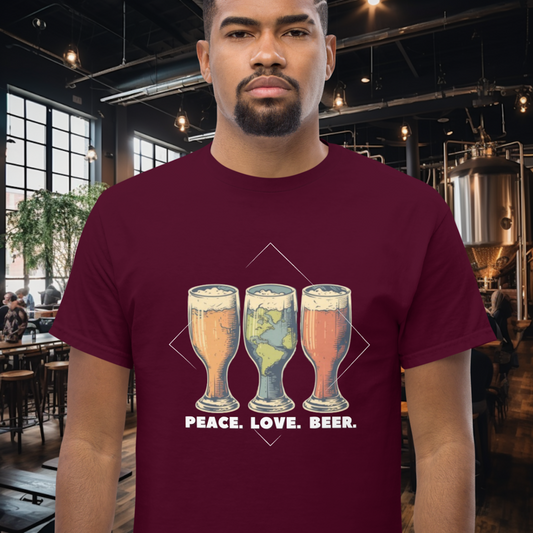 Peace Love Beer T-Shirt in Maroon