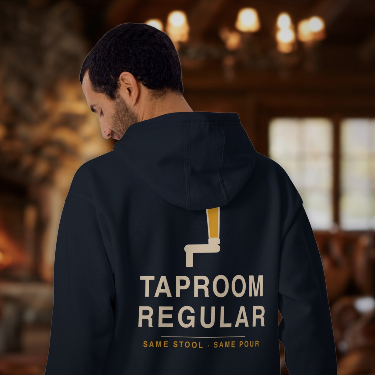 Back of the Taproom Regular Hoodie in Navy Blazer in a cozy lodge