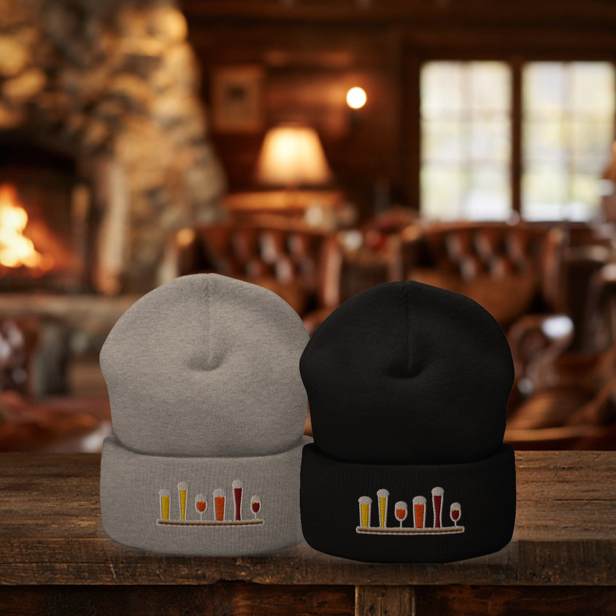 Winter Flight Embroidered Cuffed Beanies in Heather Grey and Black