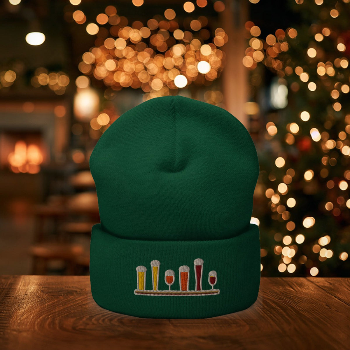 Winter Flight Embroidered Cuffed Beanie in Spruce with holiday lights