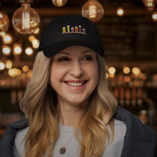 Woman wearing the Winter Flight Embroidered Dad Hat in Black in a taproom