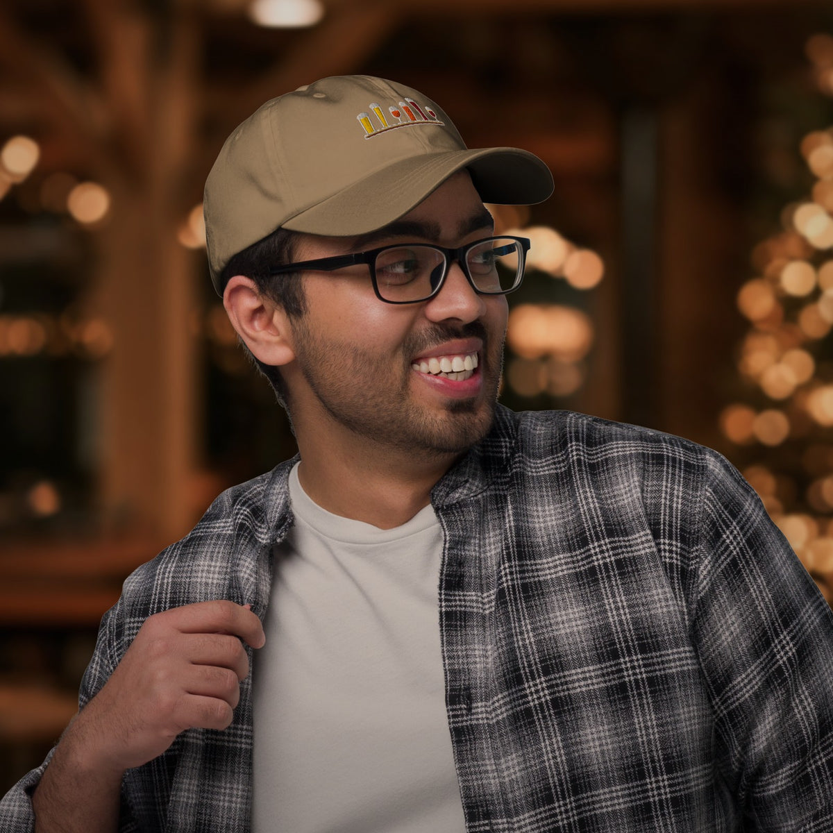 Man wearing the Winter Flight Embroidered Dad Hat in Khaki