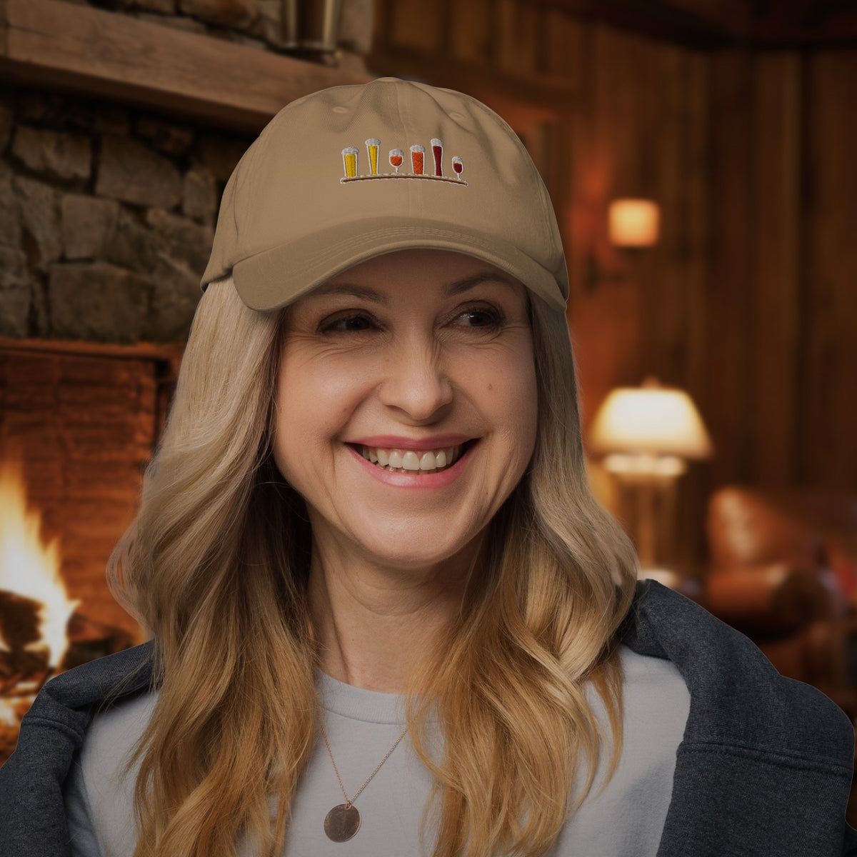 Woman wearing the Winter Flight Embroidered Dad Hat in Khaki by the fireplace