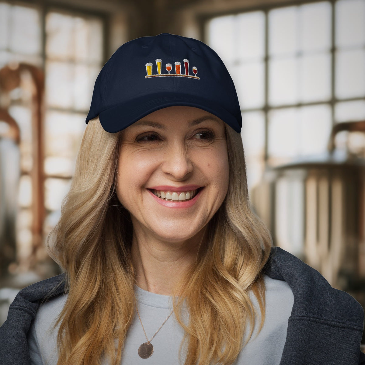 Woman wearing the Winter Flight Embroidered Dad Hat in Navy in a brewhouse