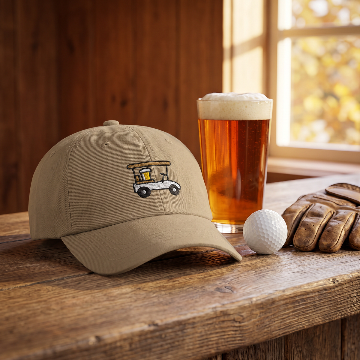 Designated Driver Embroidered Golf Dad Hat in Khaki on the bar with a pint and golf ball