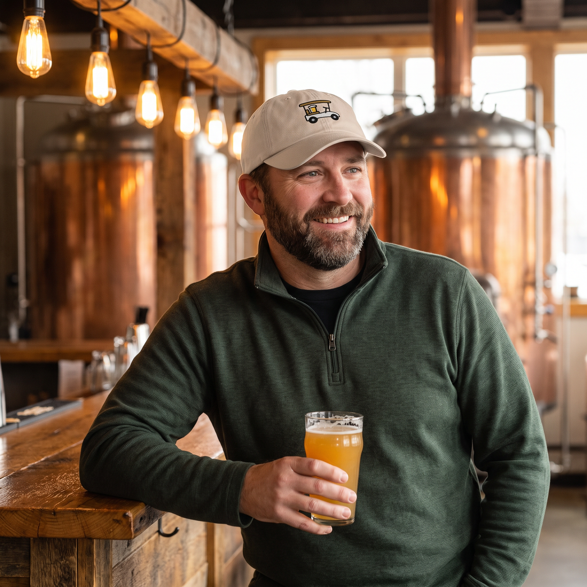 Man wearing the Designated Driver Embroidered Golf Dad Hat in Stone at a brewery taproom
